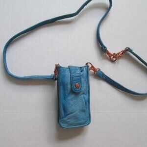 Free People Crossbody Small Mini Bag Blue Leather Snap Wallet Cards Keys 5"x2.7"
